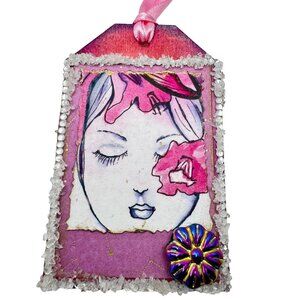 Handcrafted Ornament OOAK Original Watercolor Art "Pink Lady" & Accents